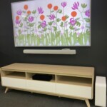 75inch Samsung Frame TV with White Bezel and White Sonos Soundbar and Sub